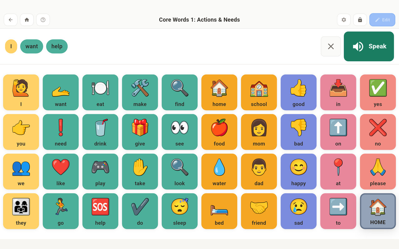 A nanoGOAT AAC board of core words. The message bar reads I want help, next to a green Speak button.
