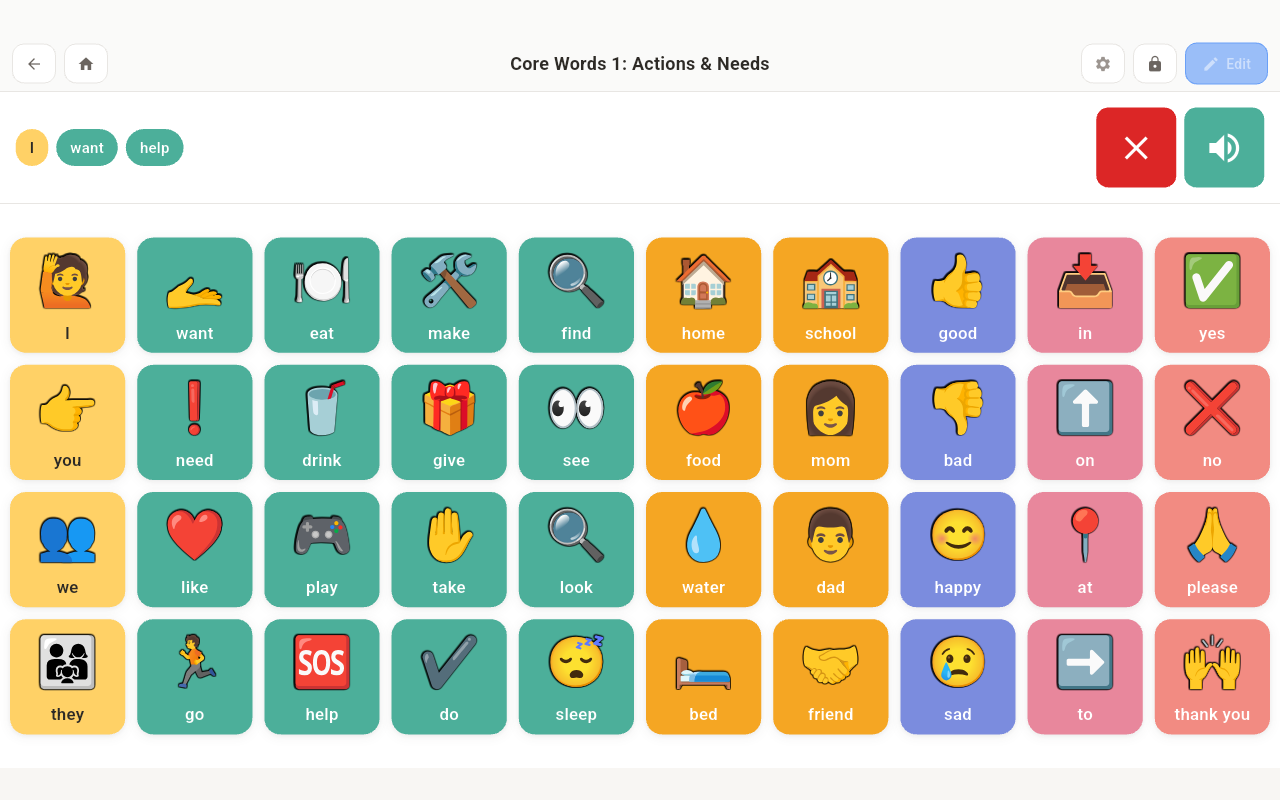 nanoGOAT core words board with single-word buttons arranged in a grid.