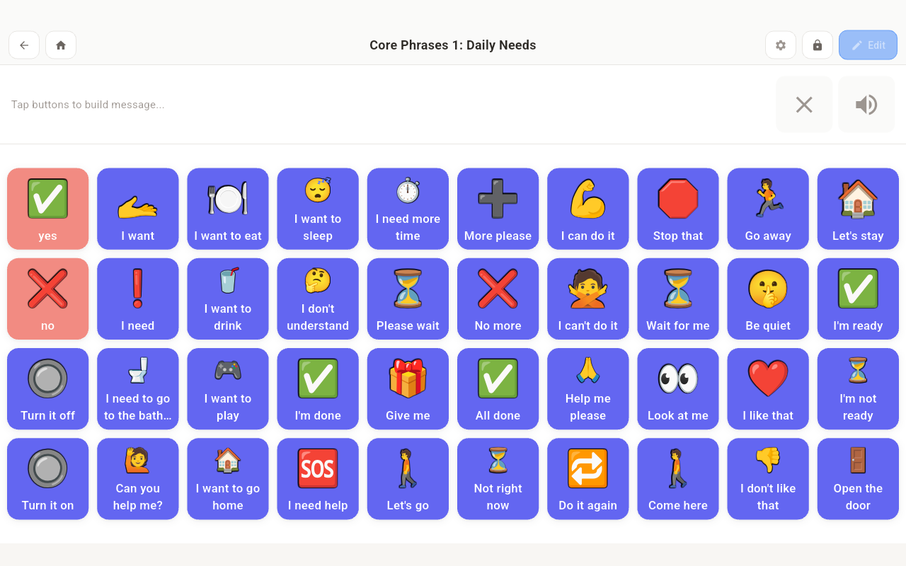 Screenshot of nanoGOAT AAC showing a grid of whole-phrase buttons like 'I want to play', 'I don't understand', and 'I'm done'.