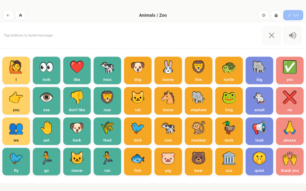 nanoGOAT topic board with custom animal photo buttons arranged in a grid.